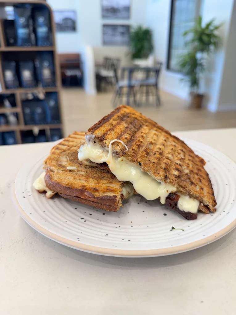 Grilled cheese doré sur pain de grains, le fromage fondu qui coule, dans une assiette mouchetée